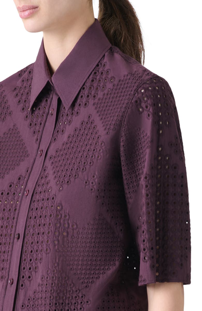 Akris punto Diamond Cotton Eyelet Short Sleeve Crop Button-Up Shirt, Alternate, color, Blackberry