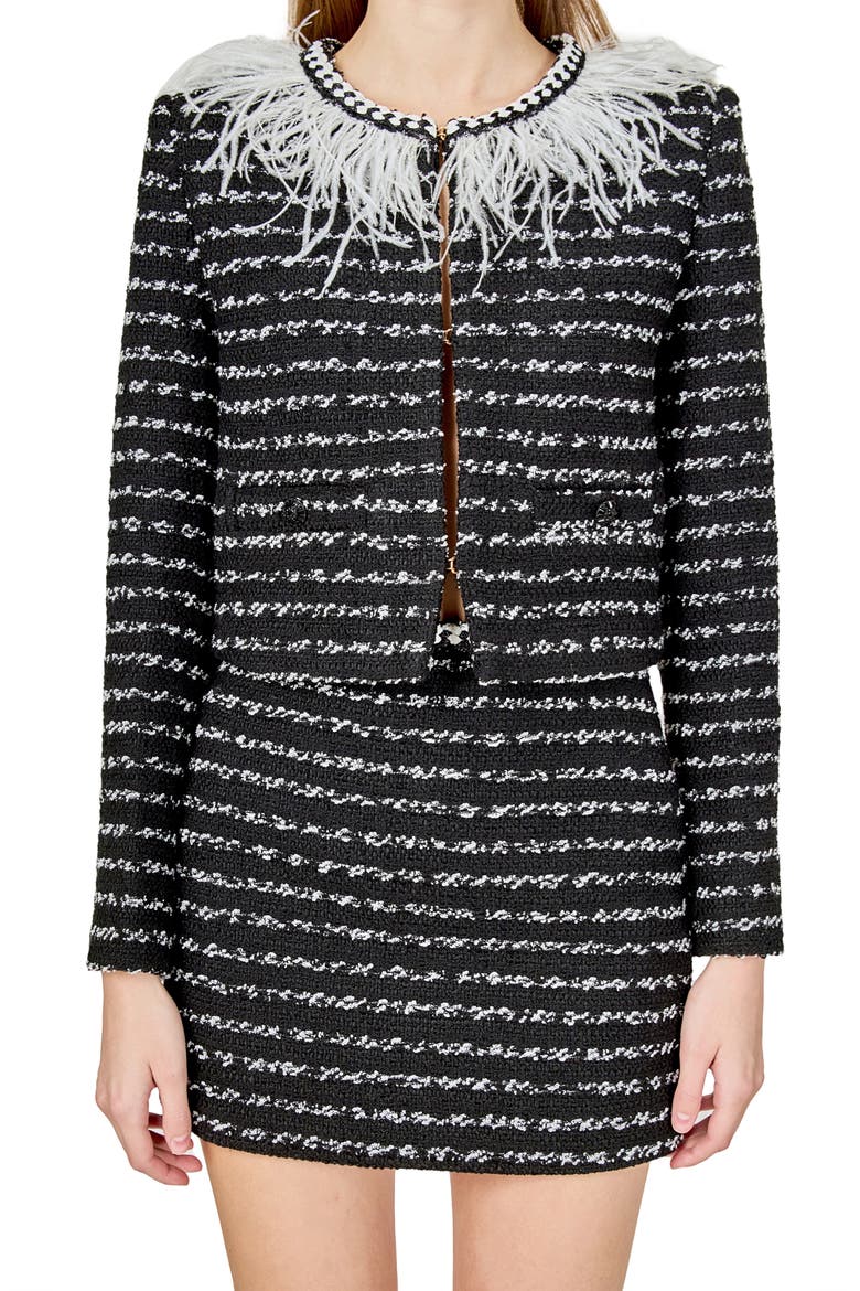 Feather Trim Tweed Jacket, Main, color, BLACK