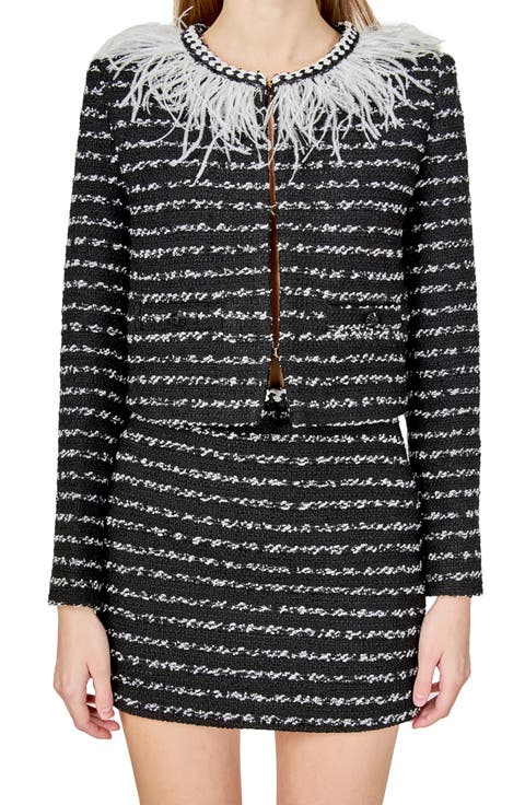 Feather Trim Tweed Jacket