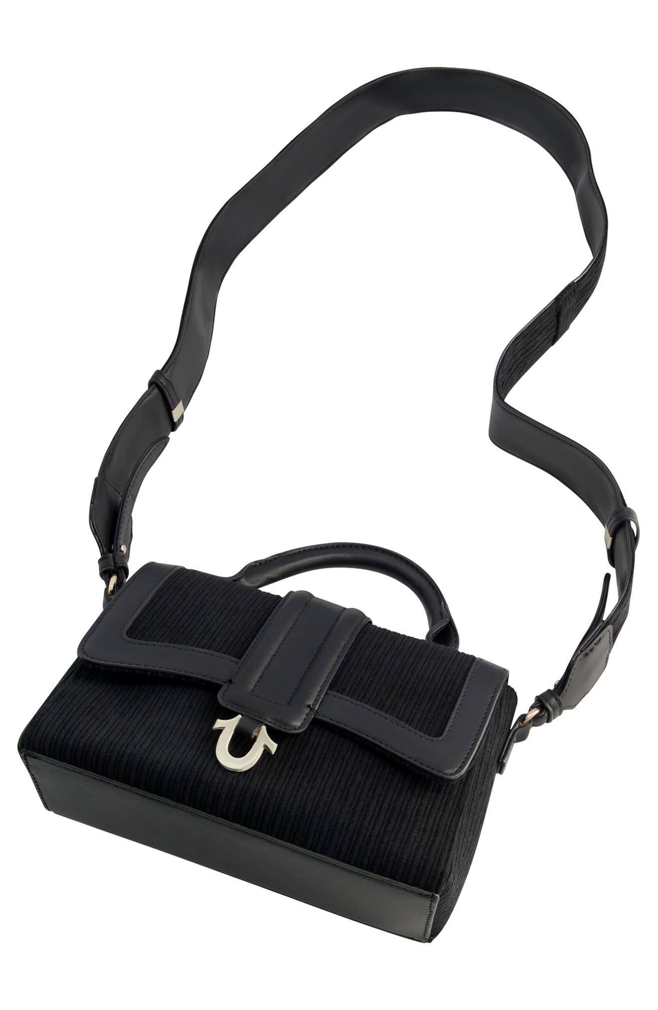 True Religion Corduroy Horseshoe Flap Bag, Alternate, color, Black