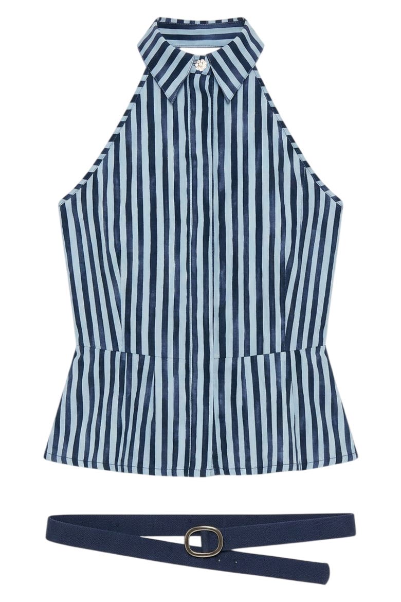 The Horizon Stripe Belted Linen Blend Halter Top, Alternate, color, HERITAGE STRIPES MINI BLUE