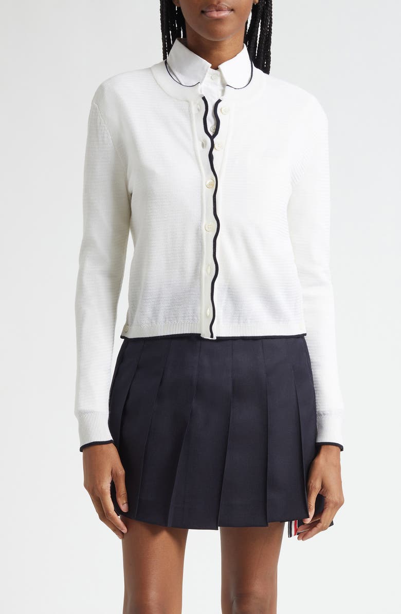 Thom Browne Textured Stitch Virgin Wool Crewneck Cardigan, Main, color, White