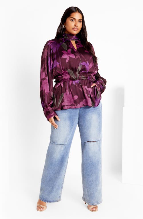 City Chic Della Print Keyhole Top In Purple