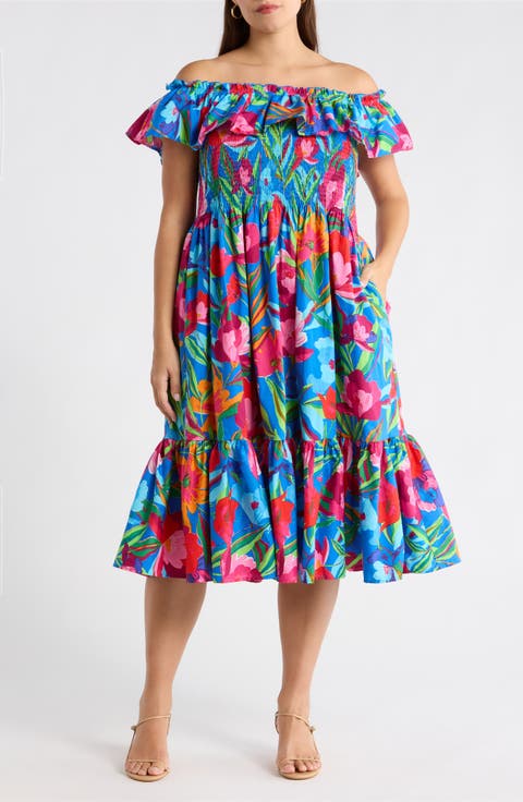 Naima Floral Off the Shoulder Smocked Midi Dress (Plus)