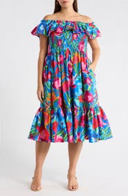 SUGARLIPS Naima Floral Off the Shoulder Smocked Midi Dress