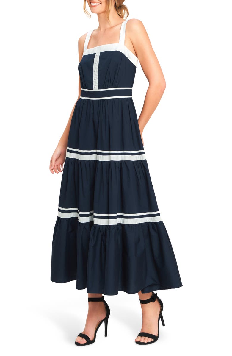FLYING TOMATO Two Tone Sleeveless Tiered Maxi Dress, Alternate, color, Navy/ White