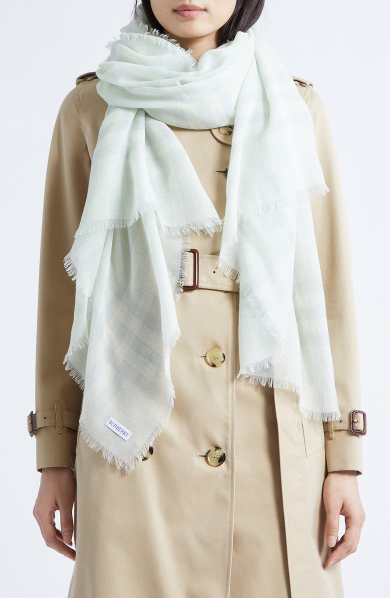 Burberry Giant Check Wool Fringe Scarf, Alternate, color, Mint