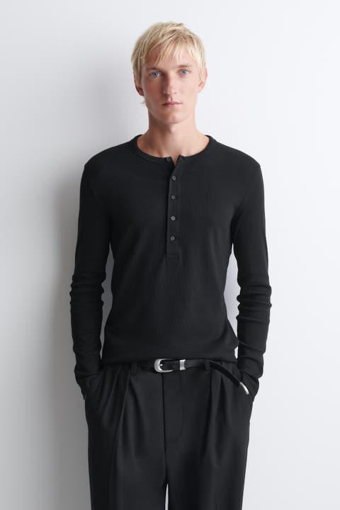 Slim Ribbed Cotton Long-sleeved Henley T-shirt