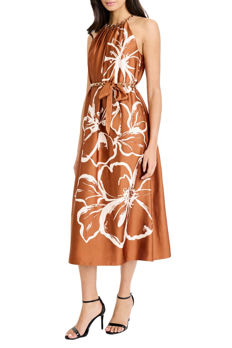 Floral Halter Neck Belted Midi Dress, Alternate, color, BURNT SIENNA/ WARM CAMEL