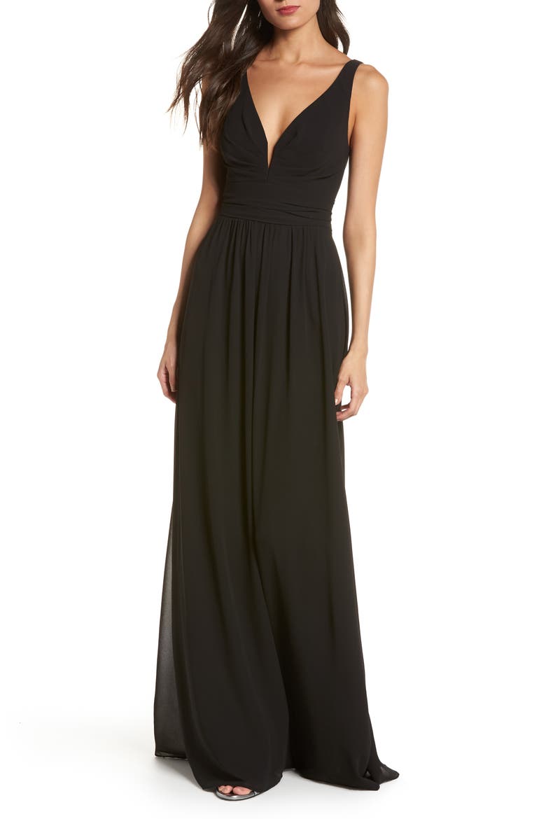 V-Neck Chiffon A-Line Gown, Main, color, BLACK