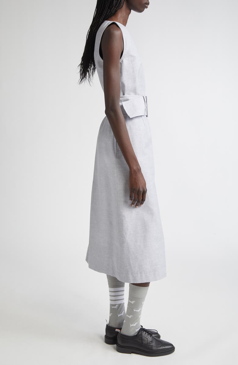 Thom Browne Stripe Bateau Neck Linen Blend Column Dress, Alternate, color, Light Grey