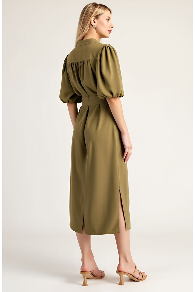 Belted Midi Dress with Puff Elbow Sleeves and Keyhole Neckline, Alternate, color, Olive Green