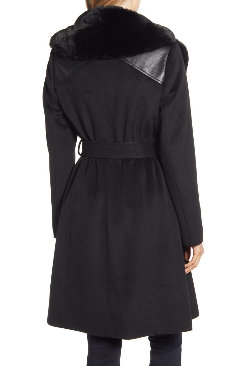 Faux Leather & Wool Blend Coat with Faux Fur Collar, Alternate, color, BLACK