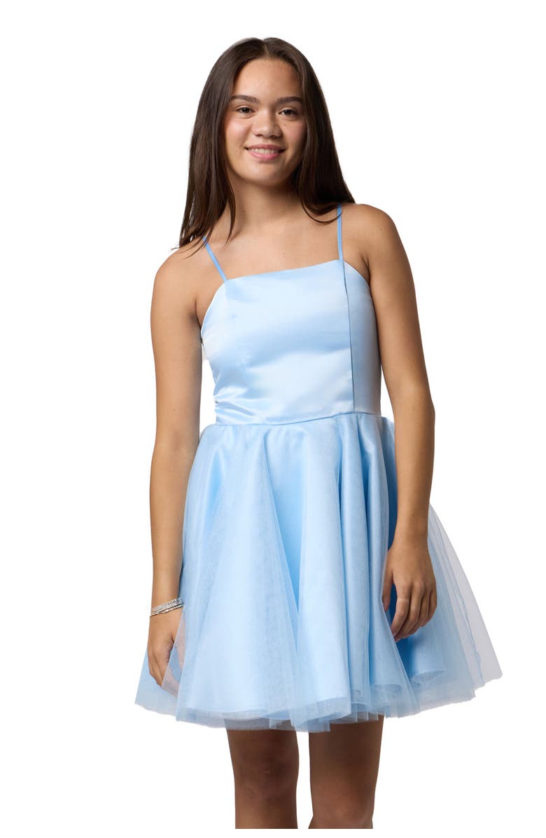 Un Deux Trois Satin and Tulle Party Dress in Longer Length, Main, color, Light Blue