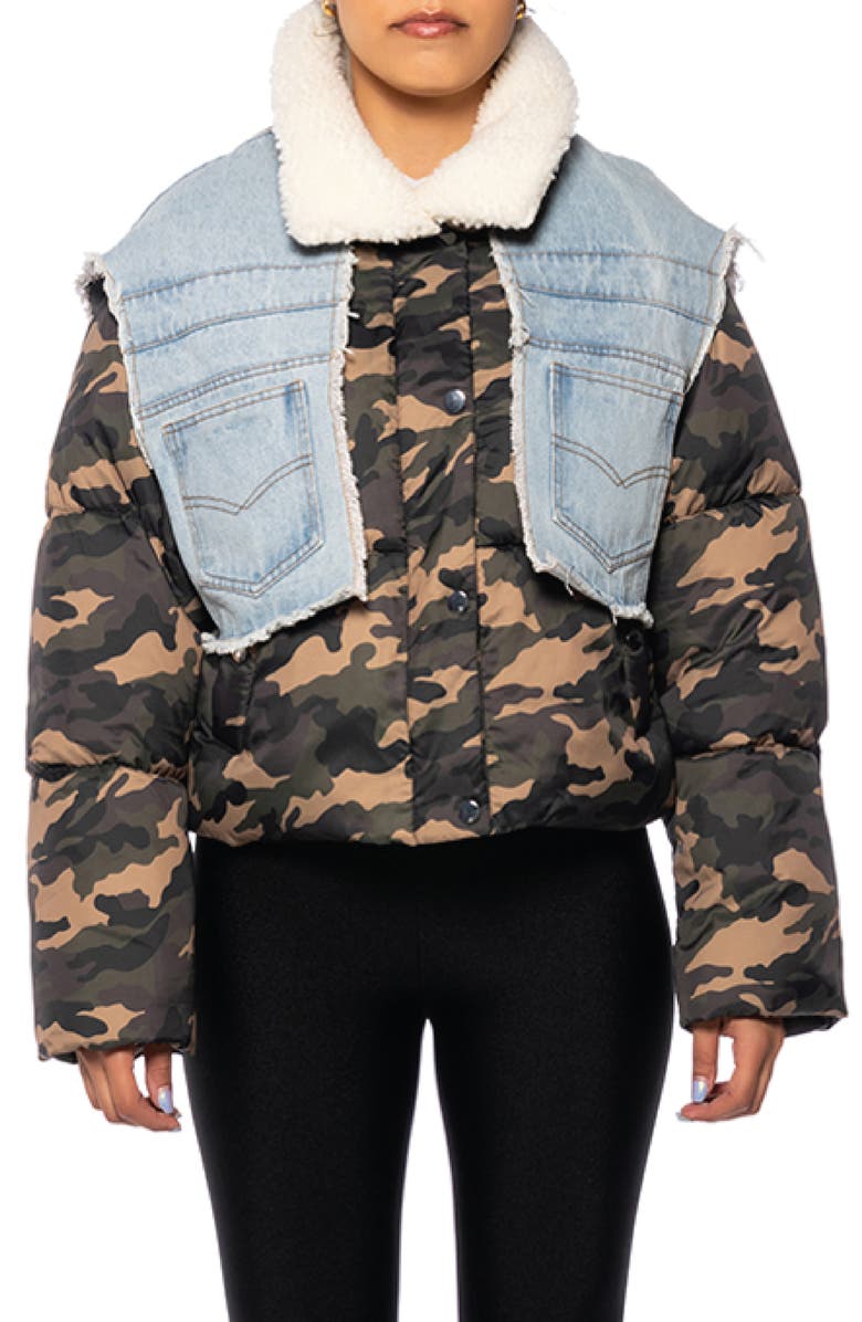 AZALEA WANG Hotshot Camo & Denim Puffer Jacket with Faux Shearling Collar, Main, color,