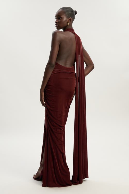 Karen Millen Slinky Crepe High Neck Maxi Dress In Brown