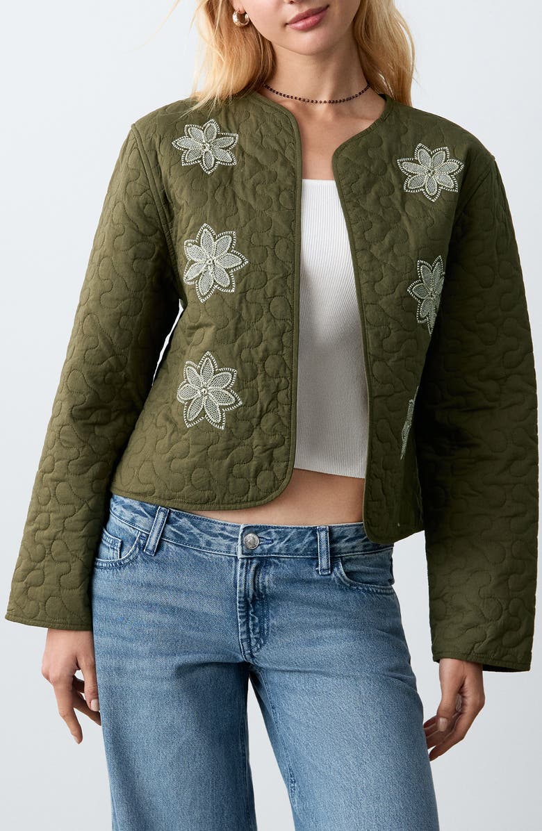 MANGO TEEN Embroidered Quilted Jacket, Main, color, Khaki Green