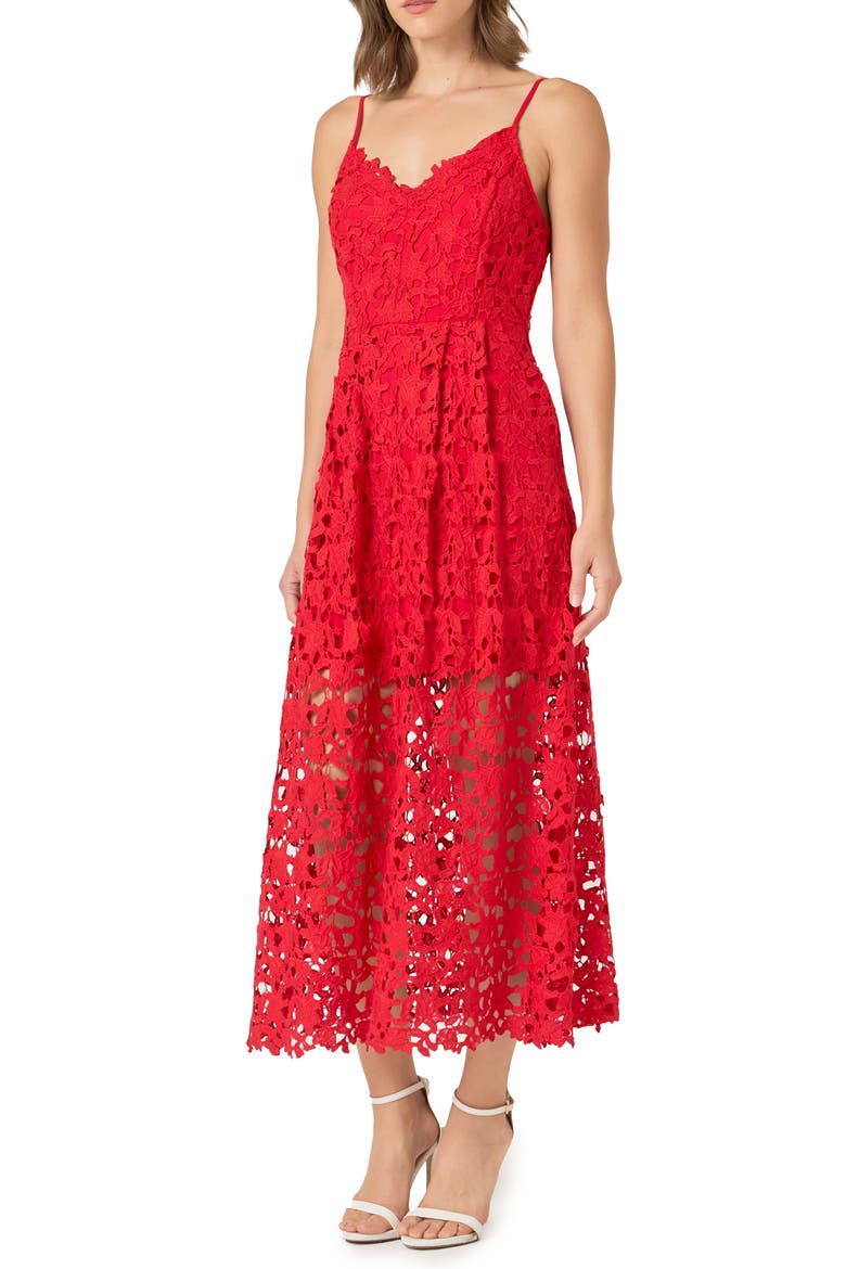Lace Spaghetti Strap Midi Dress, Alternate, color, RED