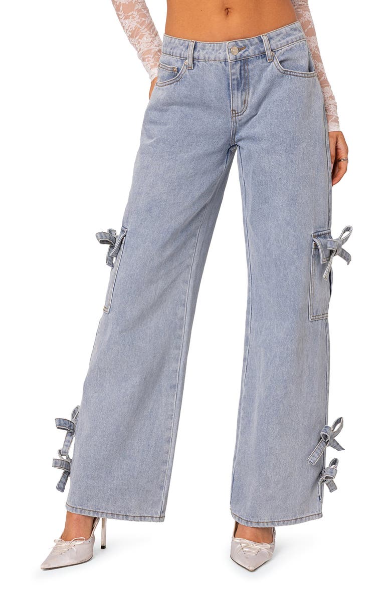 EDIKTED Bows 4 Days Low Rise Wide Leg Cargo Jeans, Main, color, Light-Blue