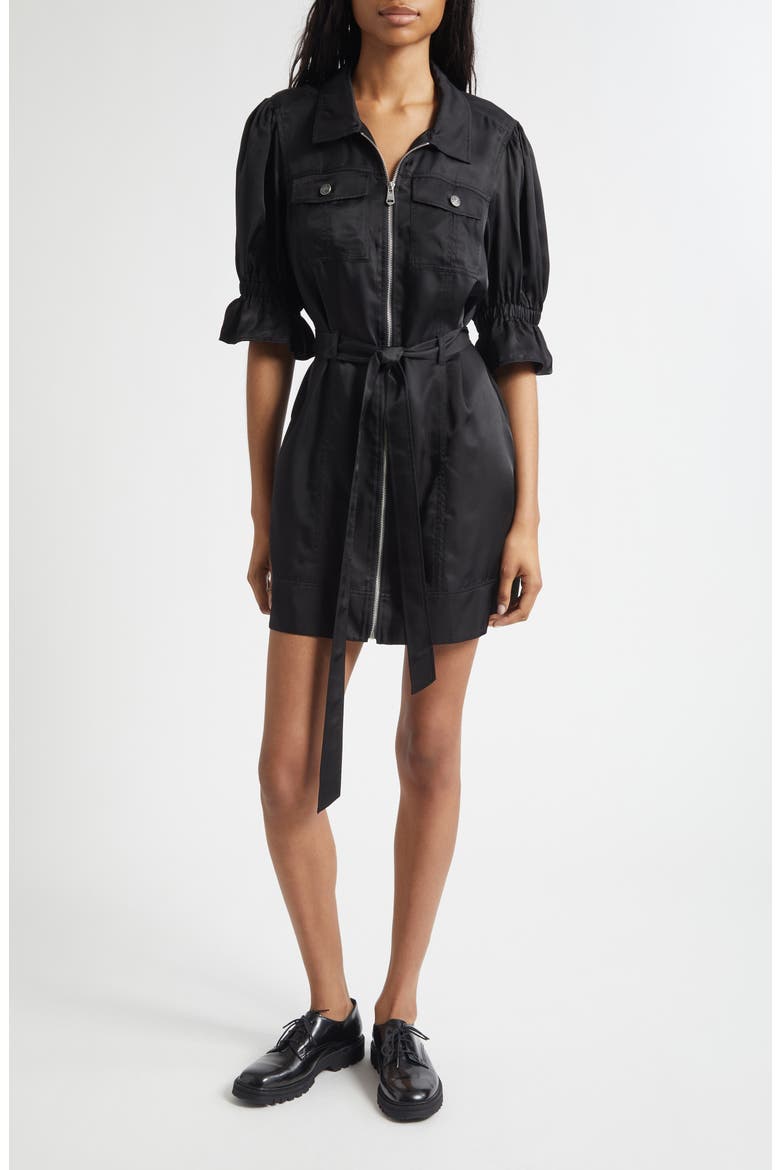 black satin dress puff sleeve Black Square Neck Puff Sleeve Satin Midi Dress