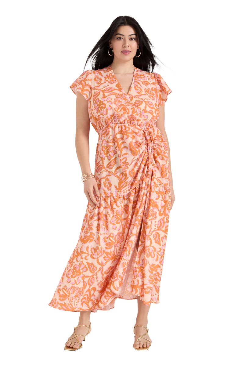 June + Vie Faux-Wrap Maxi Dress, Main, color, Bouquet Orange
