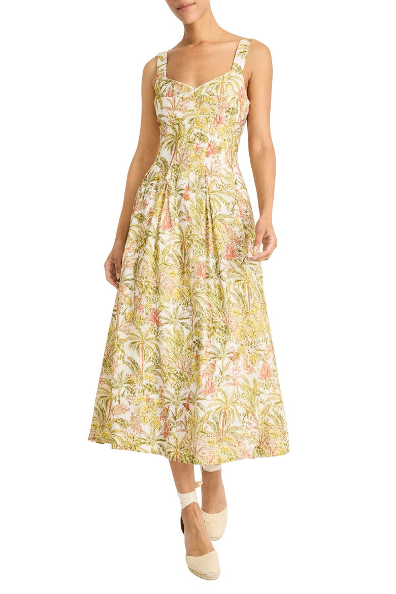 Palm Print Empire Waist Fit & Flare Midi Dress, Main, color, IVORY/ LEMON