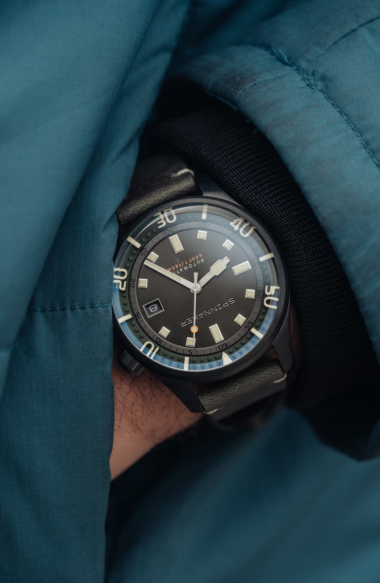 SPINNAKER Bradner Automatic Leather Strap Watch, 42mm, Alternate, color, Green