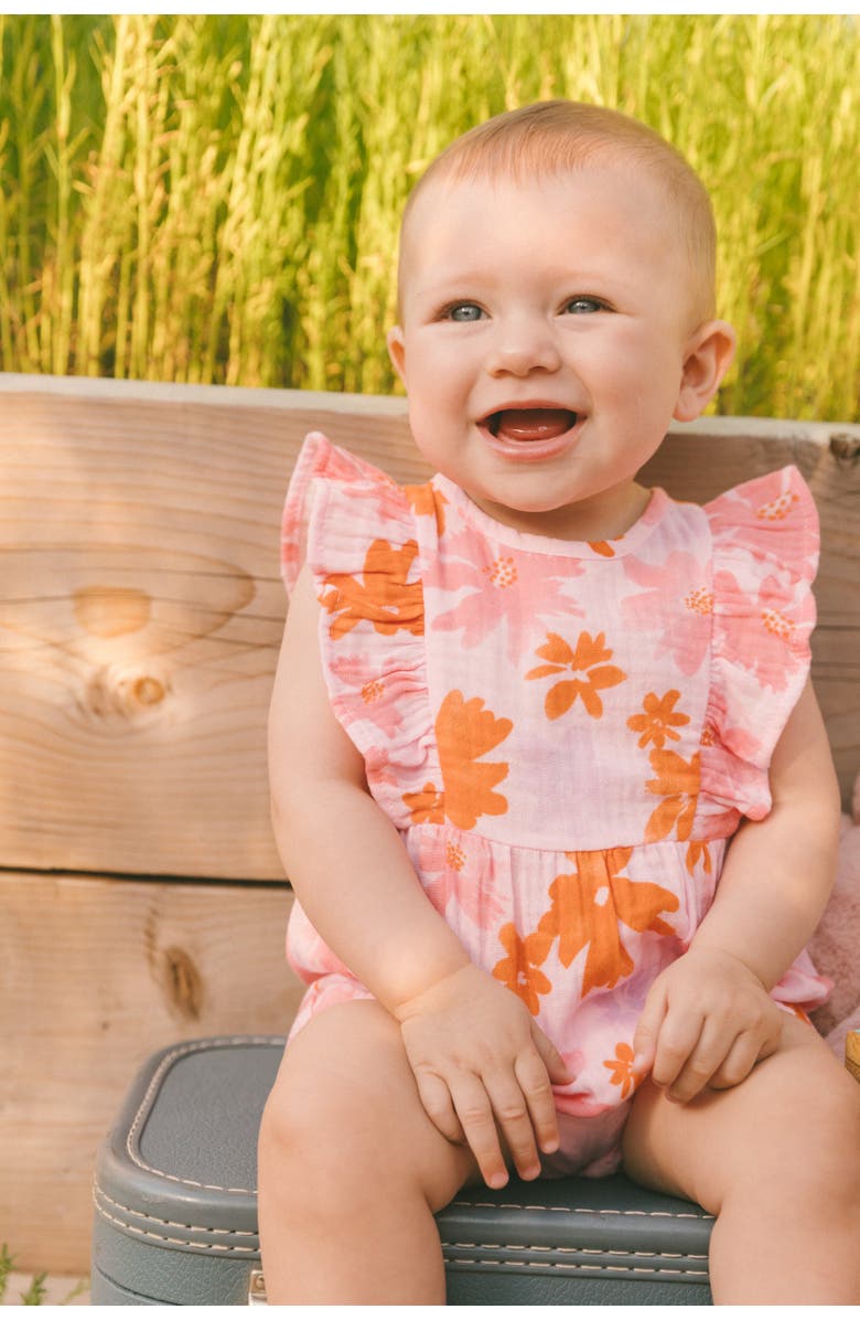 Deux par Deux Baby Girl's Printed Muslin Romper Pink And Coral Flowers, Alternate, color,