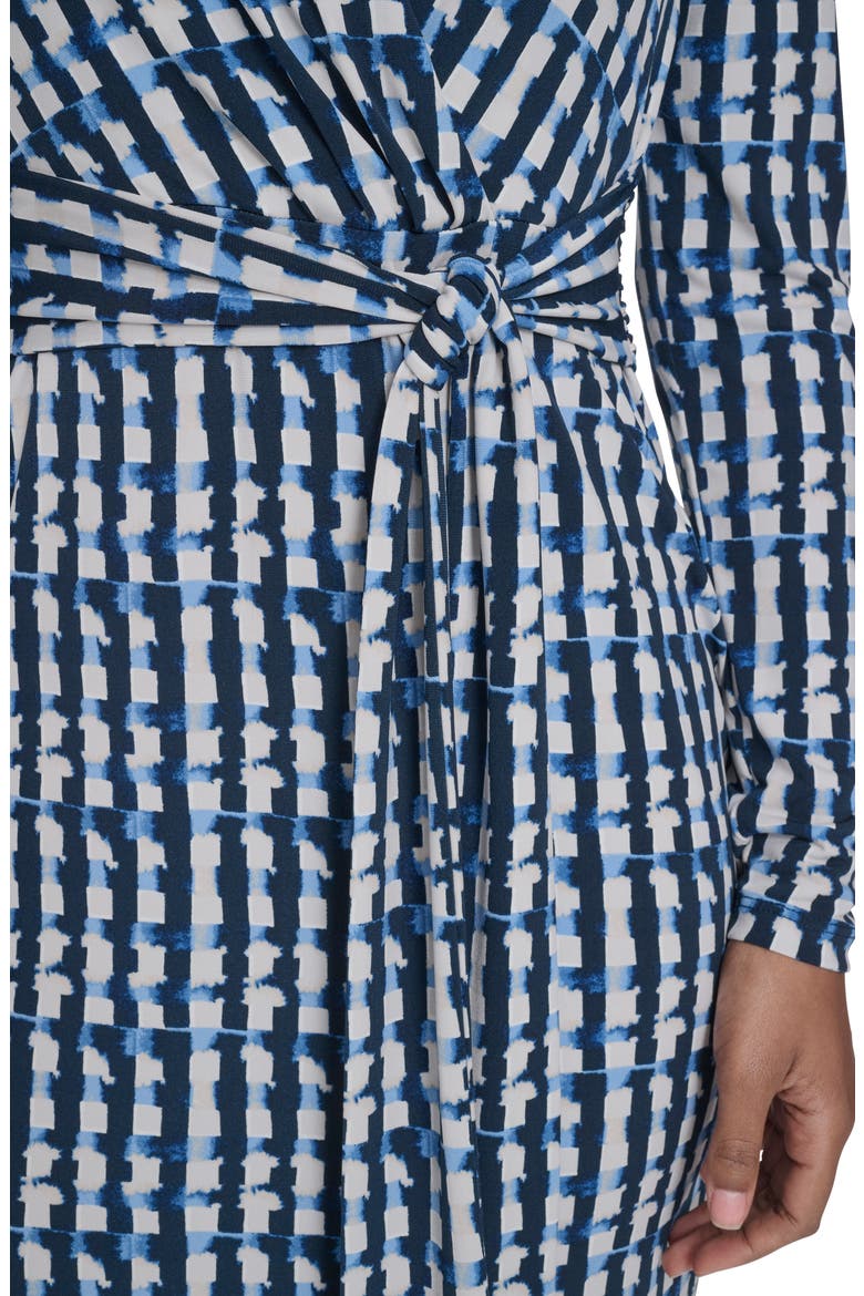 Long Sleeve Tie Waist Faux Wrap Dress, Alternate, color, INDIGO/ STONEY BEIGE MULTI