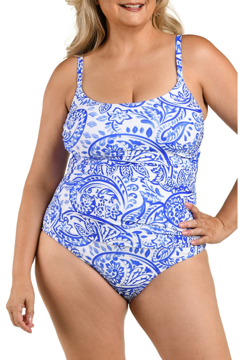 Painted Paisley Ruched One-Piece Swimsuit, Main, color, COBALT
