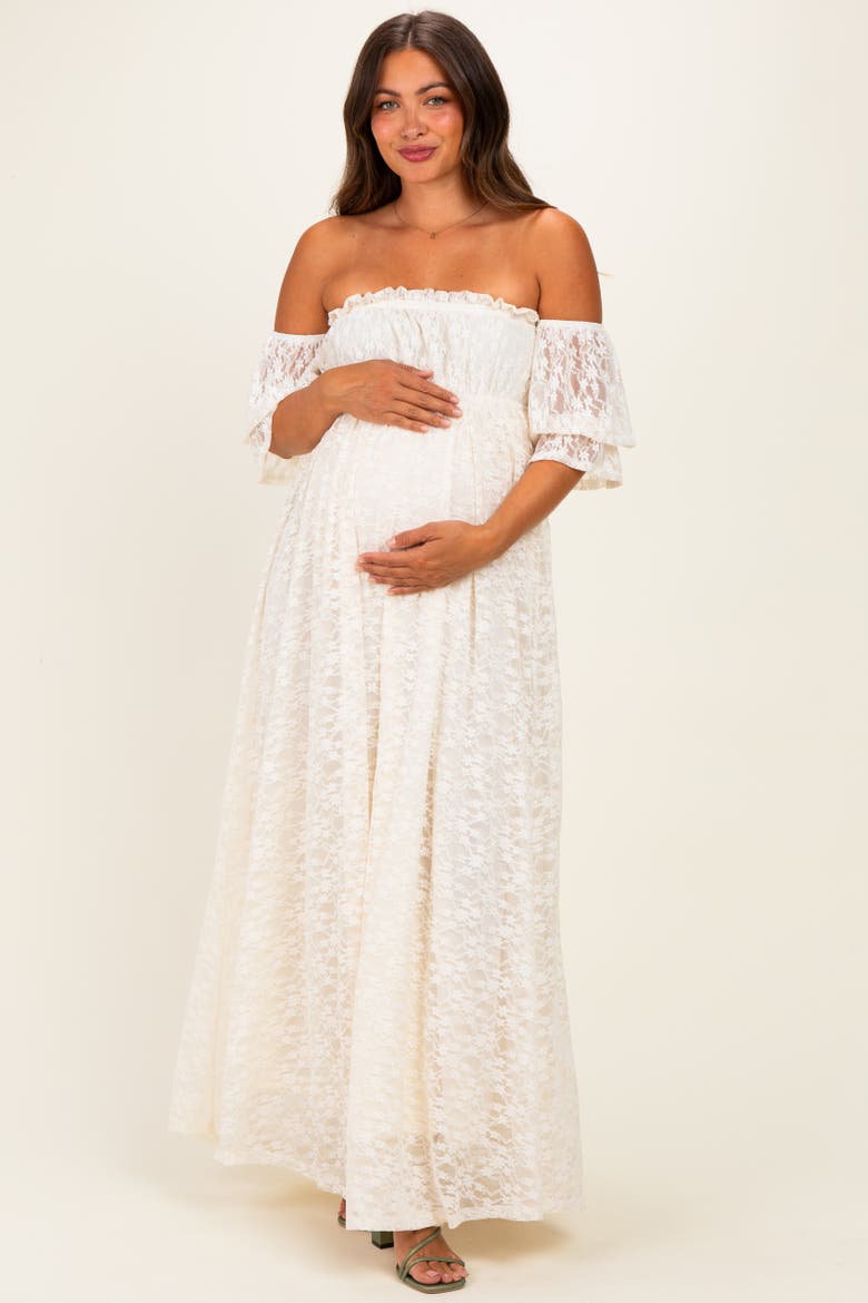 Lace Off Shoulder Maxi Dress, Main, color, Ivory