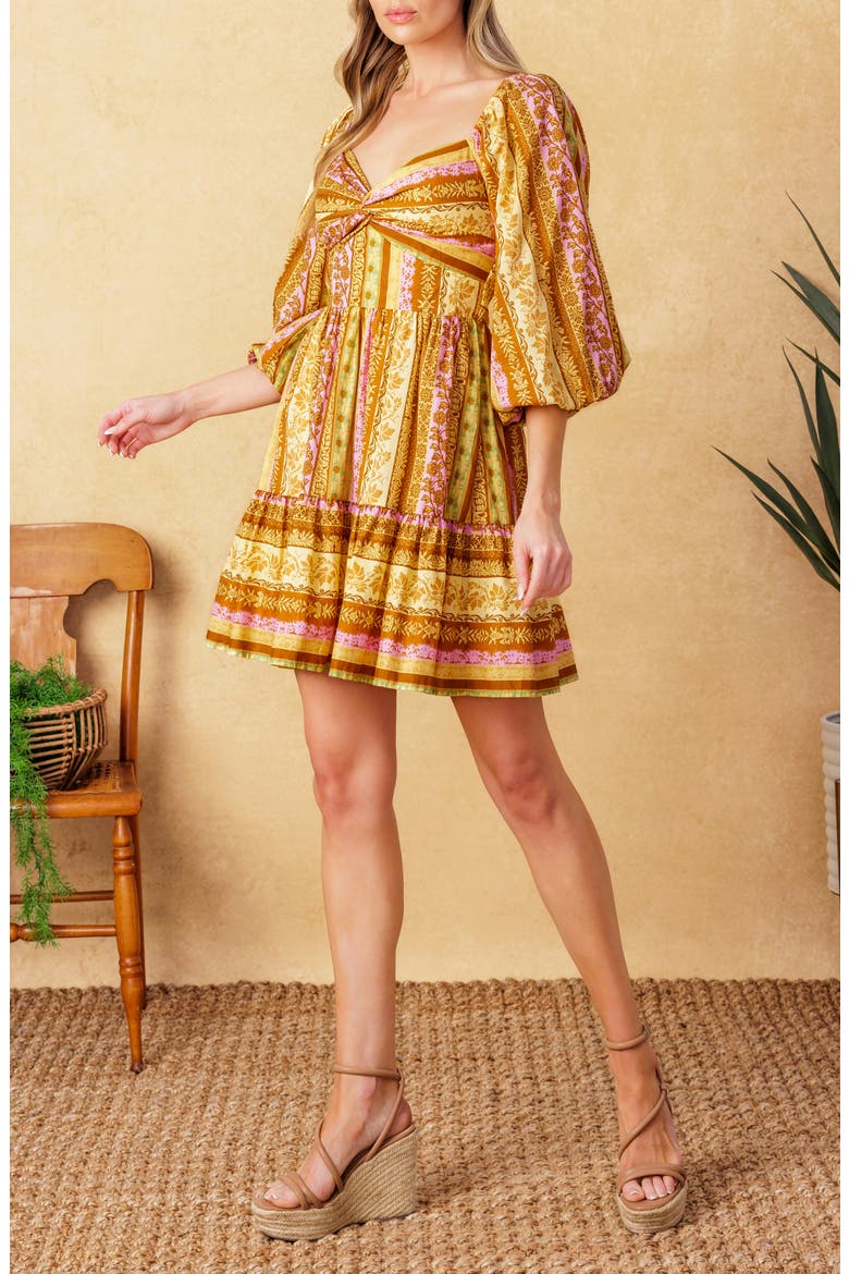 Puff Sleeve Print Minidress, Alternate, color, BROWN LAVENDER