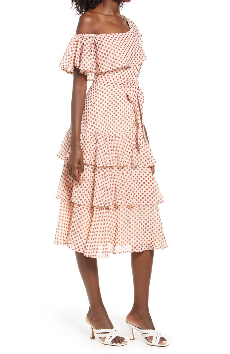 Lulus Polka Dot Tiered One-Shoulder Dress, Alternate, color,