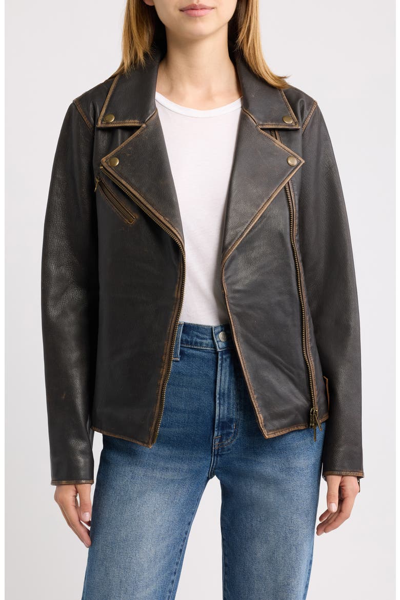 Distressed Leather Moto Jacket, Main, color, DARK BROWN
