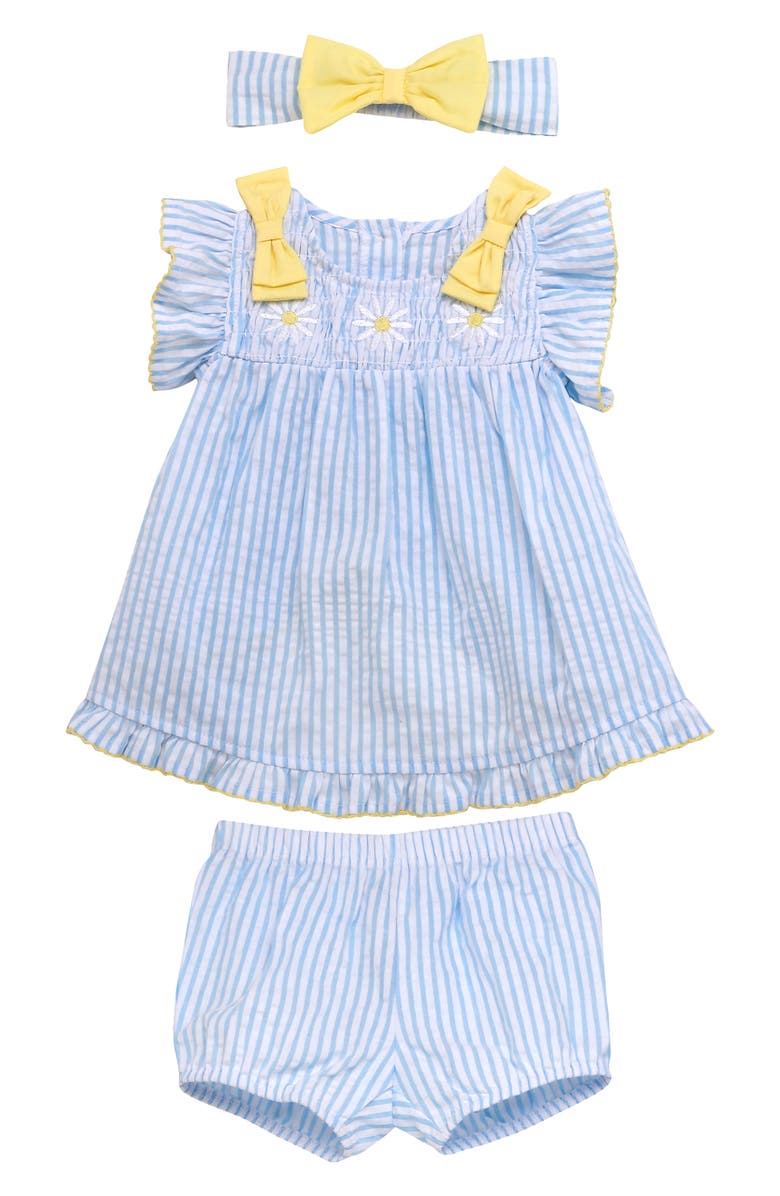 BABY STARTERS Seersucker Dress, Shorts & Headband Set, Main, color, Blue