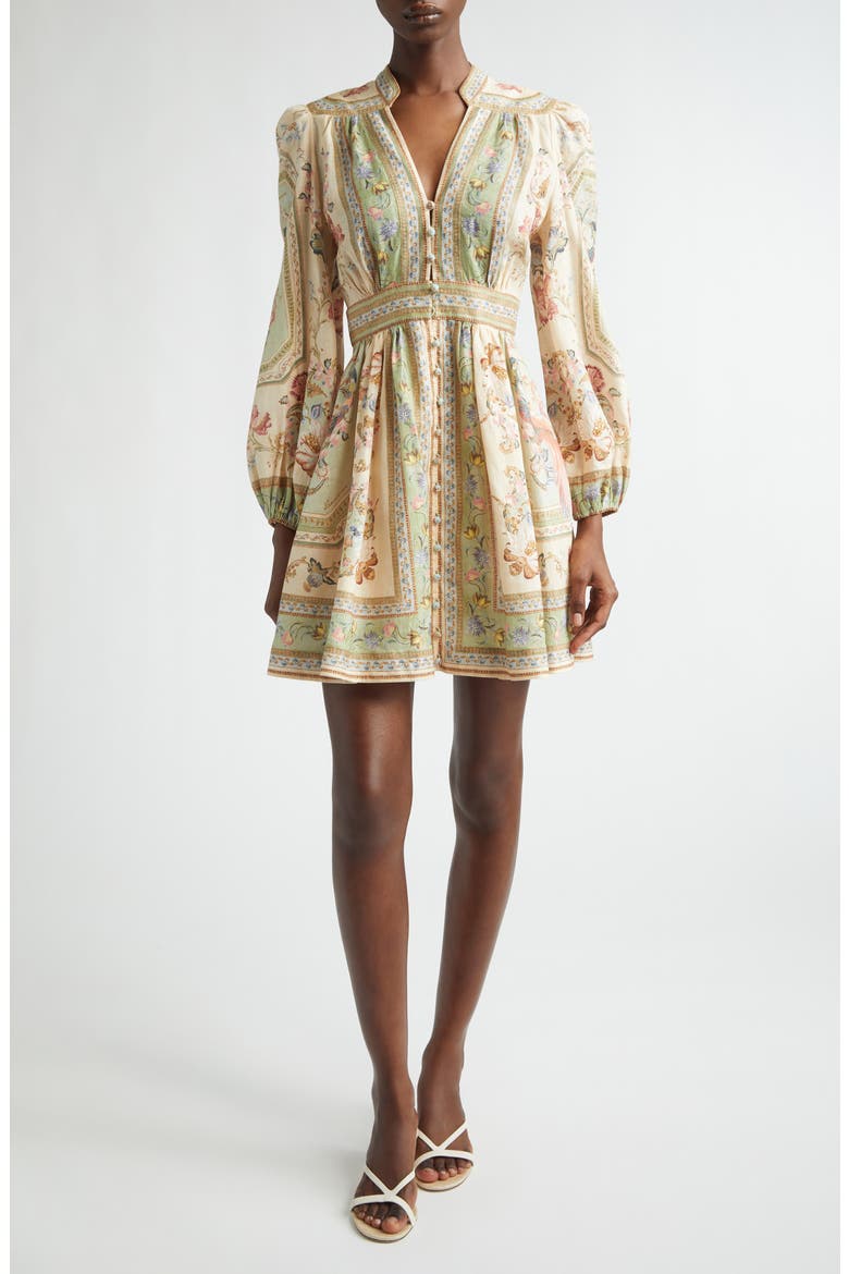 Roselight Print Long Sleeve Linen Minidress, Main, color, SAGE TAPESTRY FLORAL