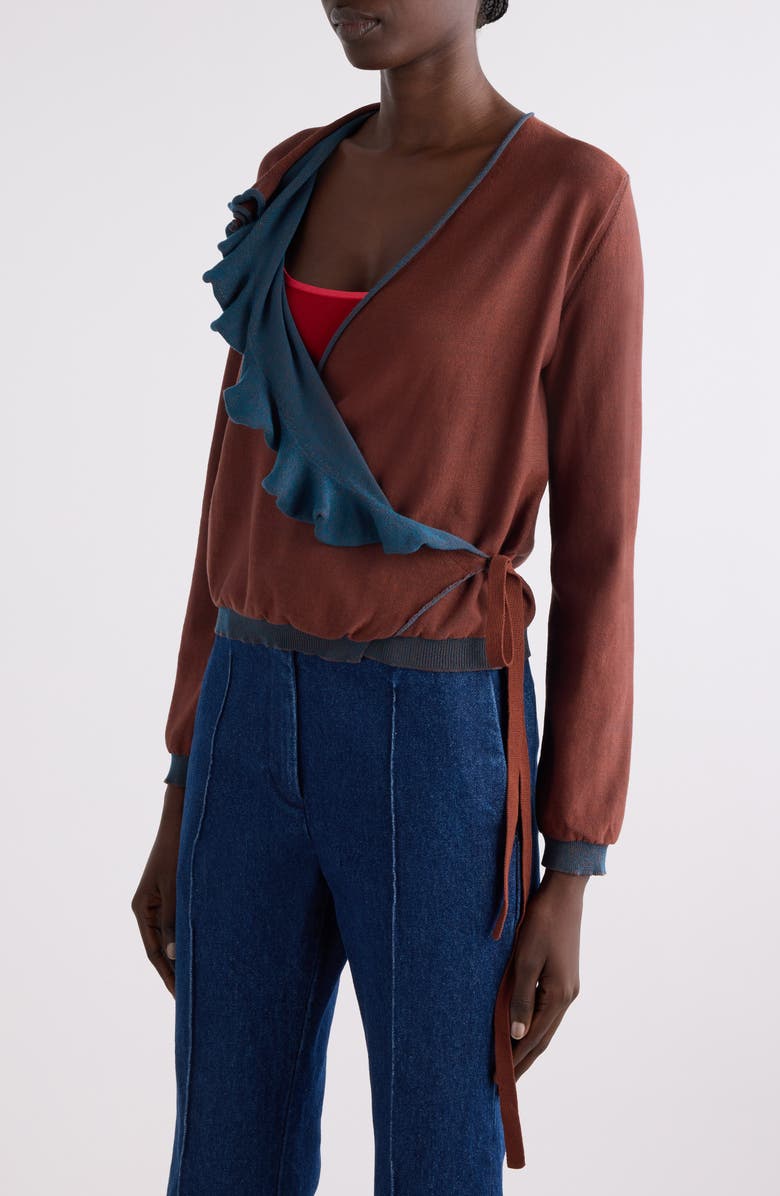Dries Van Noten Two-Tone Ruffle Wrap Cardigan, Alternate, color, Brown