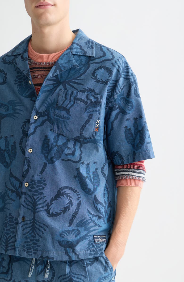 Scotch & Soda Floral Cotton Chambray Camp Shirt, Alternate, color, Desert Floral Indigo