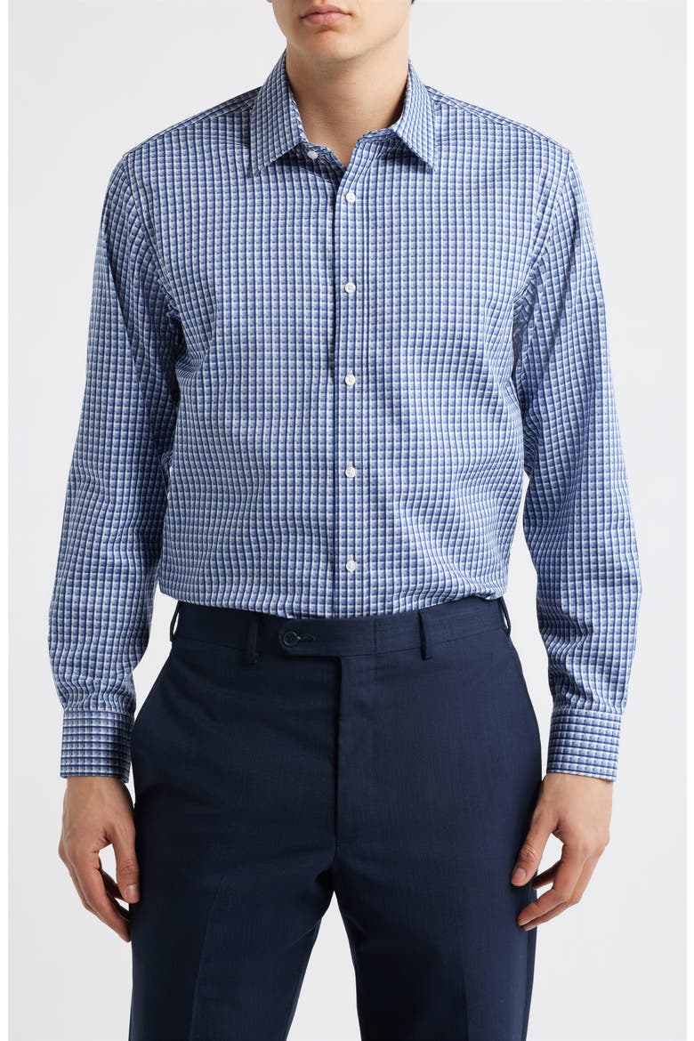 Trim Fit Check Cotton Dress Shirt, Main, color, BLUE