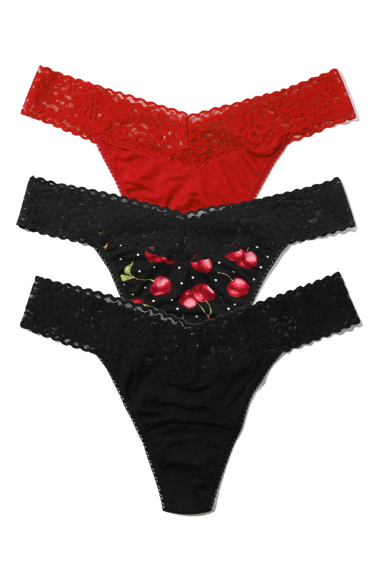 Hanky Panky DreamEase<sup>™</sup> Assorted 3-Pack Original Rise Thongs, Main, color, Black/ Cherry Bomb/ Red