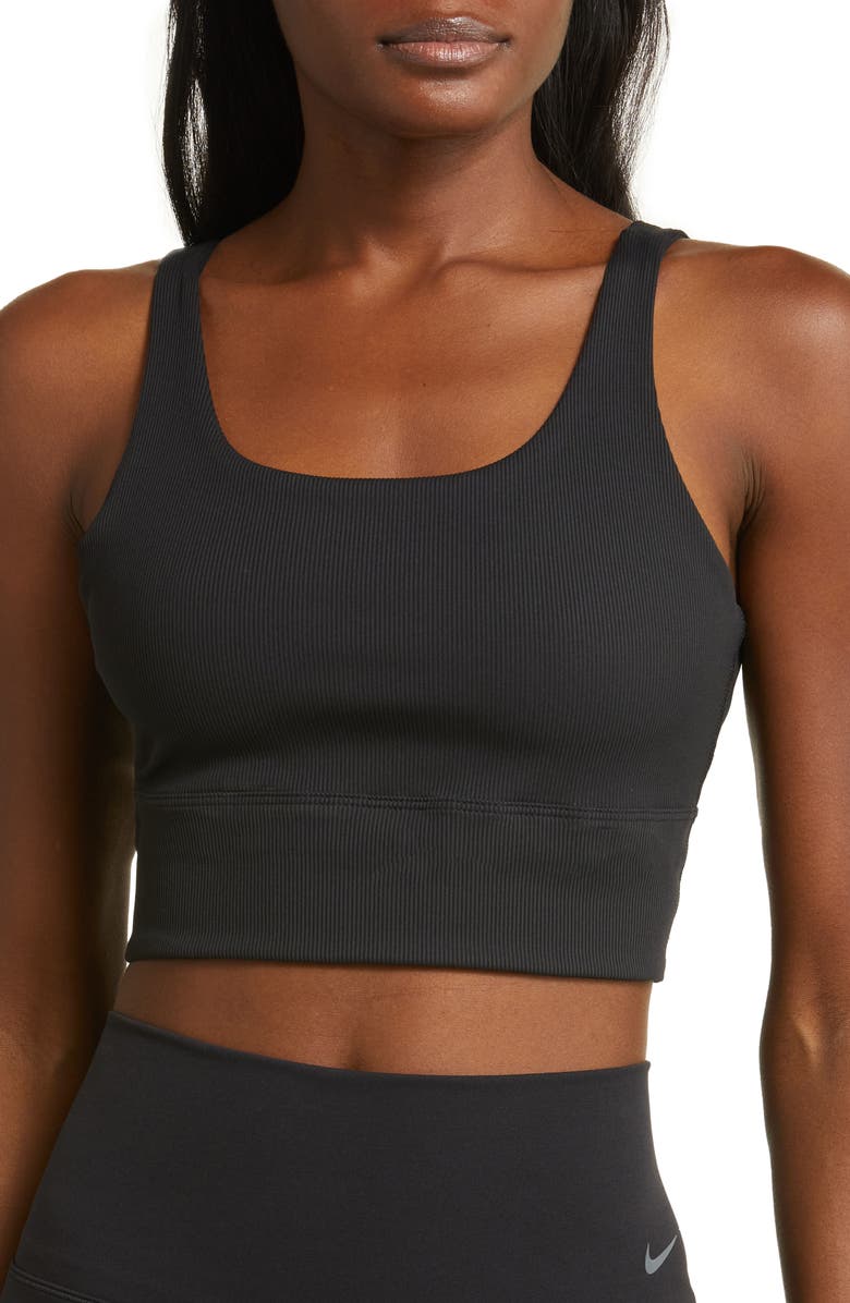 Nike Ribbed Longline Sports Bra, Main, color, Black/ Black/ Pcg3c