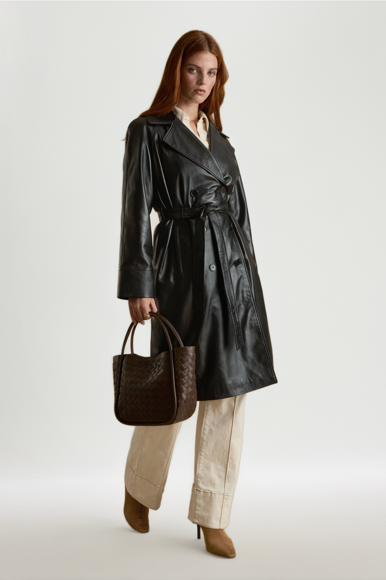 Sloane Leather Trench Coat, Alternate, color, Black