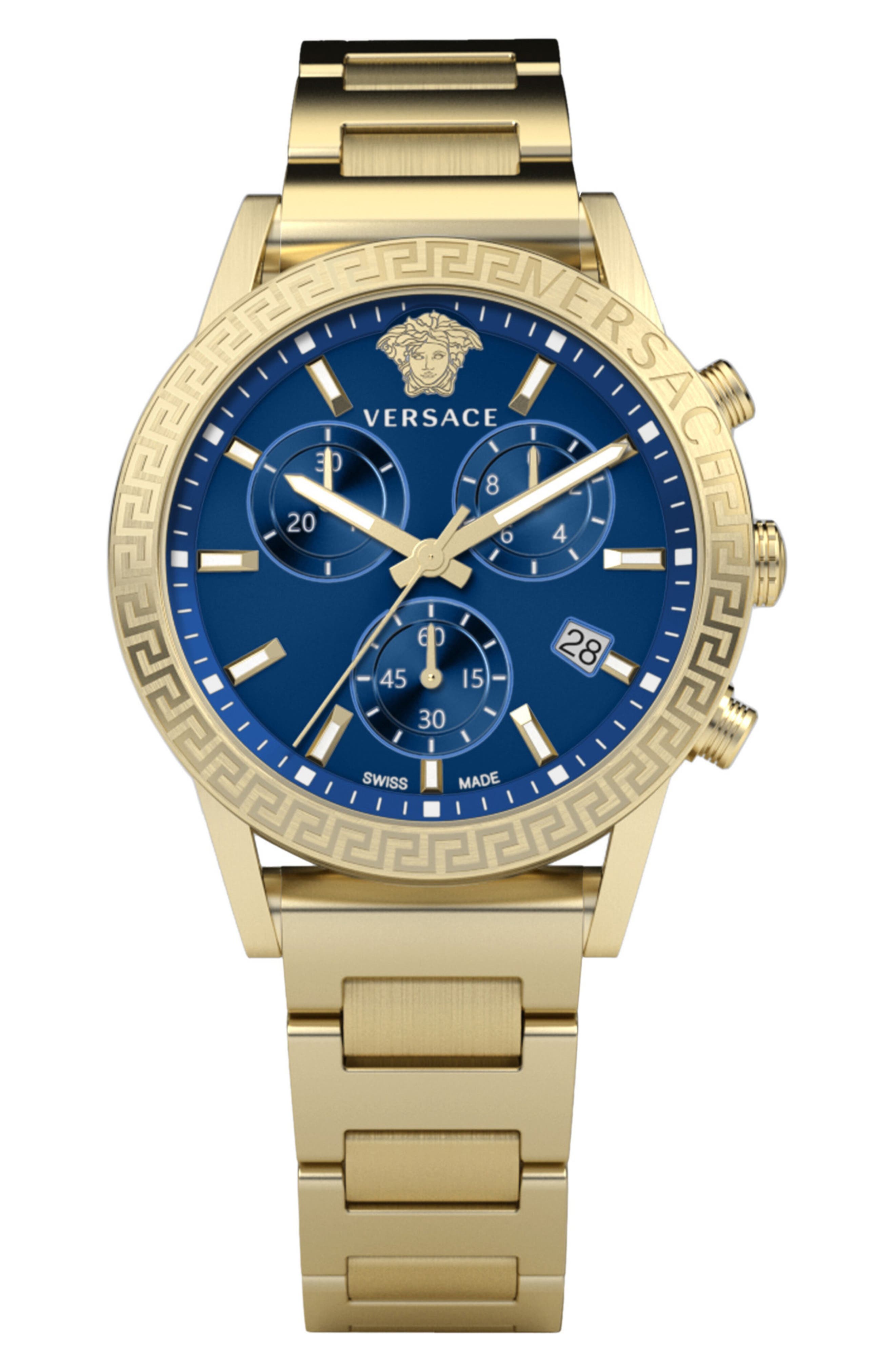 Versace V-Circle Blue Guilloché Dial Bracelet Watch, 38mm