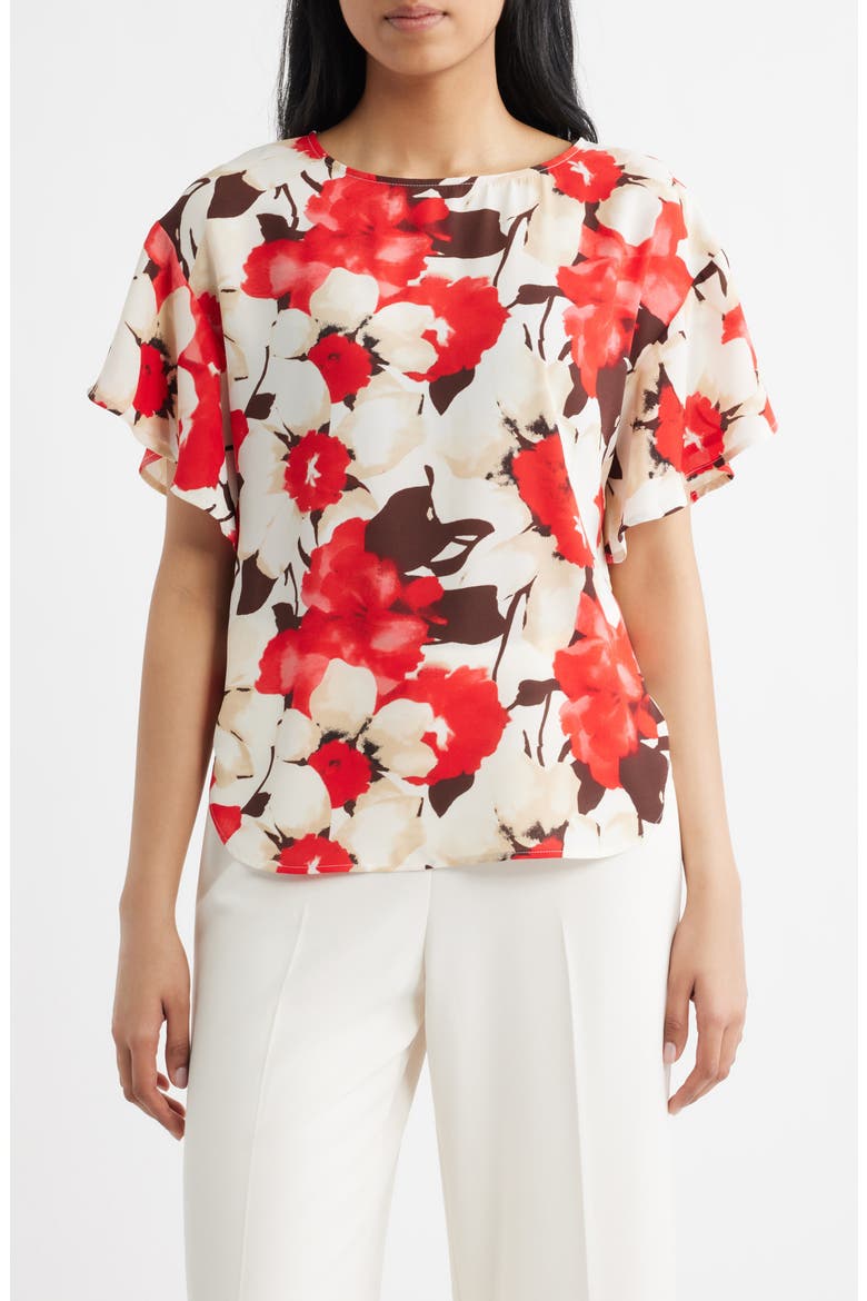 Floral Print Flutter Sleeve Top, Main, color, WHITE DOVE MULTI