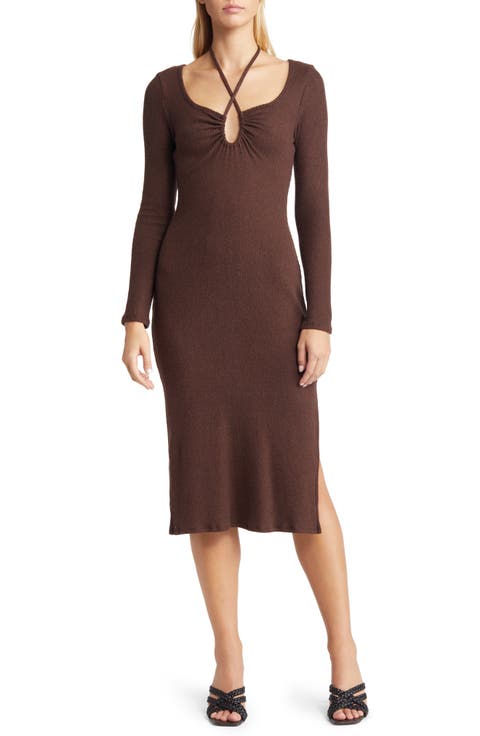 Tie Keyhole Long Sleeve Midi Dress