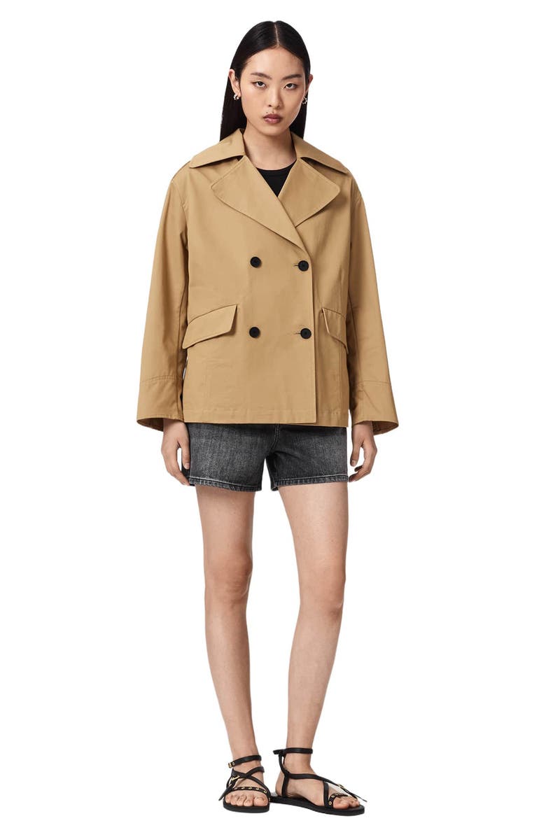 AllSaints Connie Back Ruffle Short Cotton Trench Coat, Alternate, color, Pinto Brown