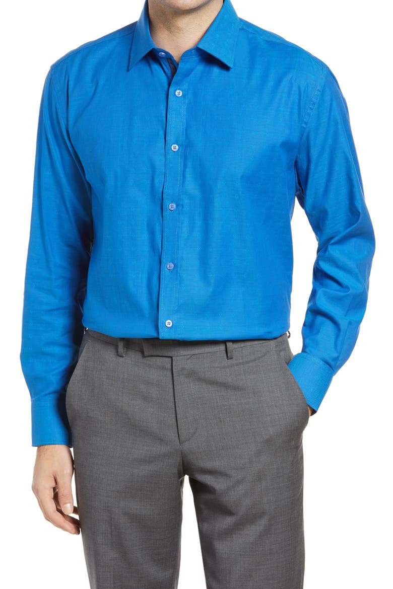 Trim Fit Dot Dress Shirt, Main, color, TEAL