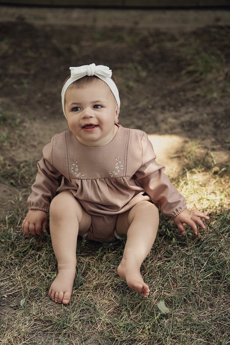 Infant Cream Floral Embroidered Bubble Romper - Rayon-Spandex, Long Sleeve, Crewneck, Zipper and Snap Closure, Alternate, color, Cream