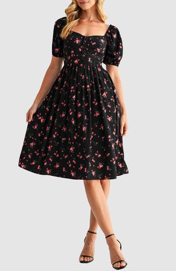 Lush Puff Sleeve Lace Trim Midi Dress In Multi