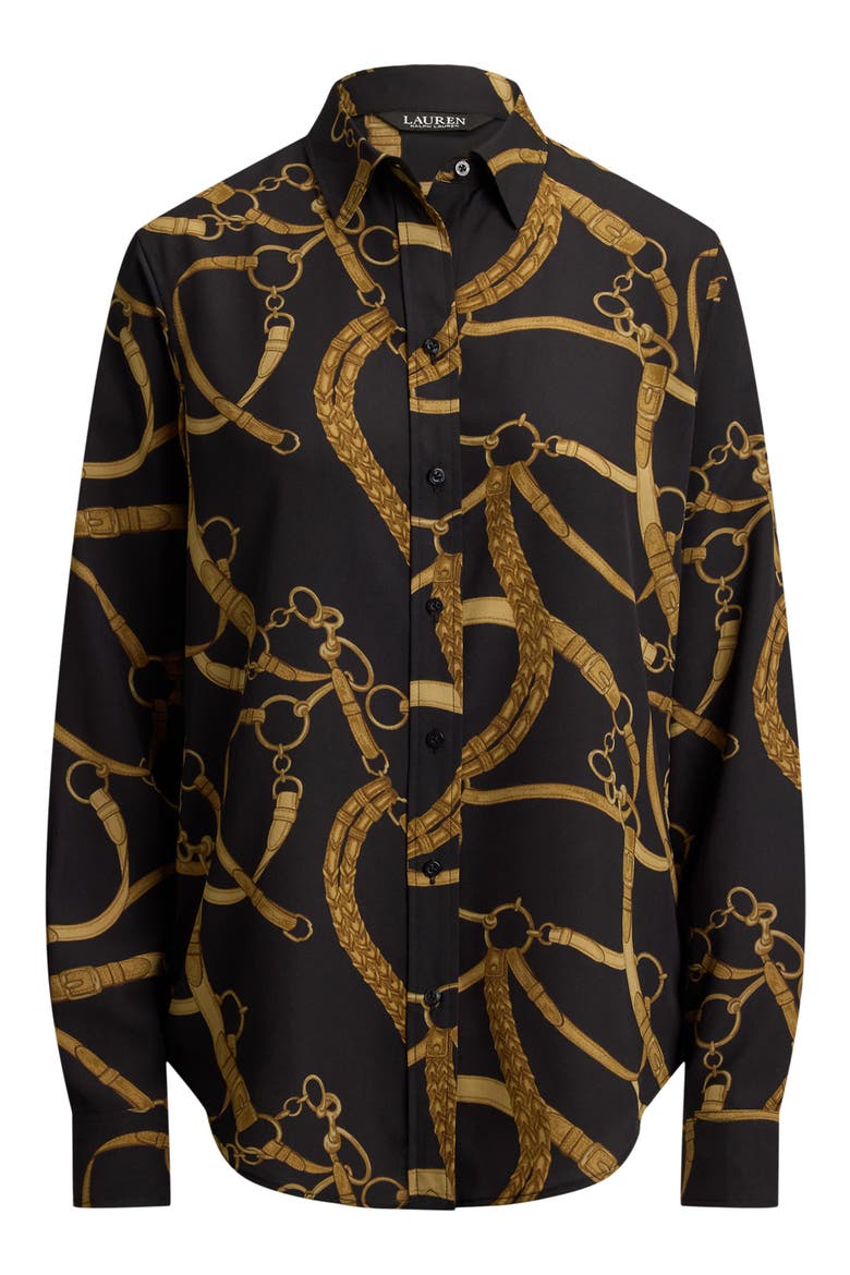 Belting Print Crêpe de Chine Button-Up Shirt, Alternate, color, BLACK/ MULTI
